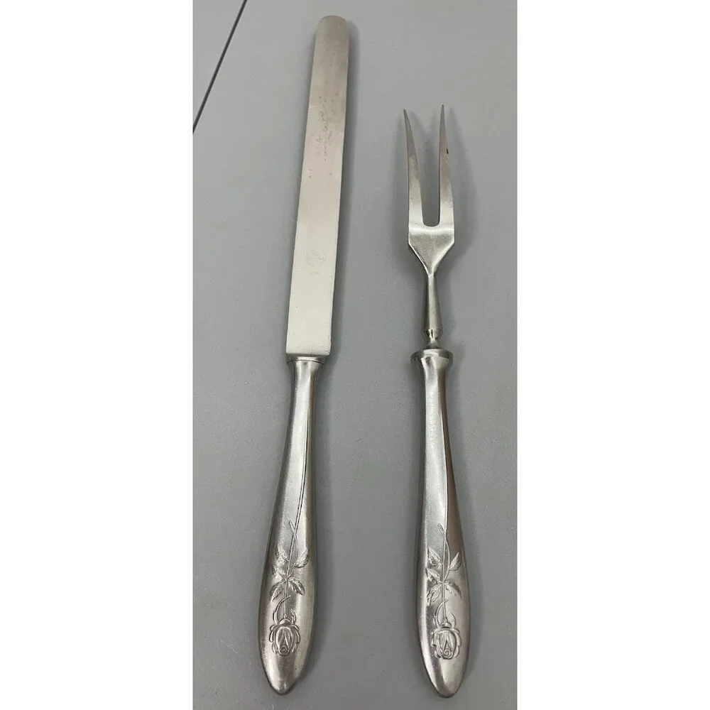 Vintage Cathedral Meat Carving Set Fork Knife Stainless Steel Rose Germany